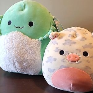 Squishmallow Rosie 8" white pink and Abe 11" green and white